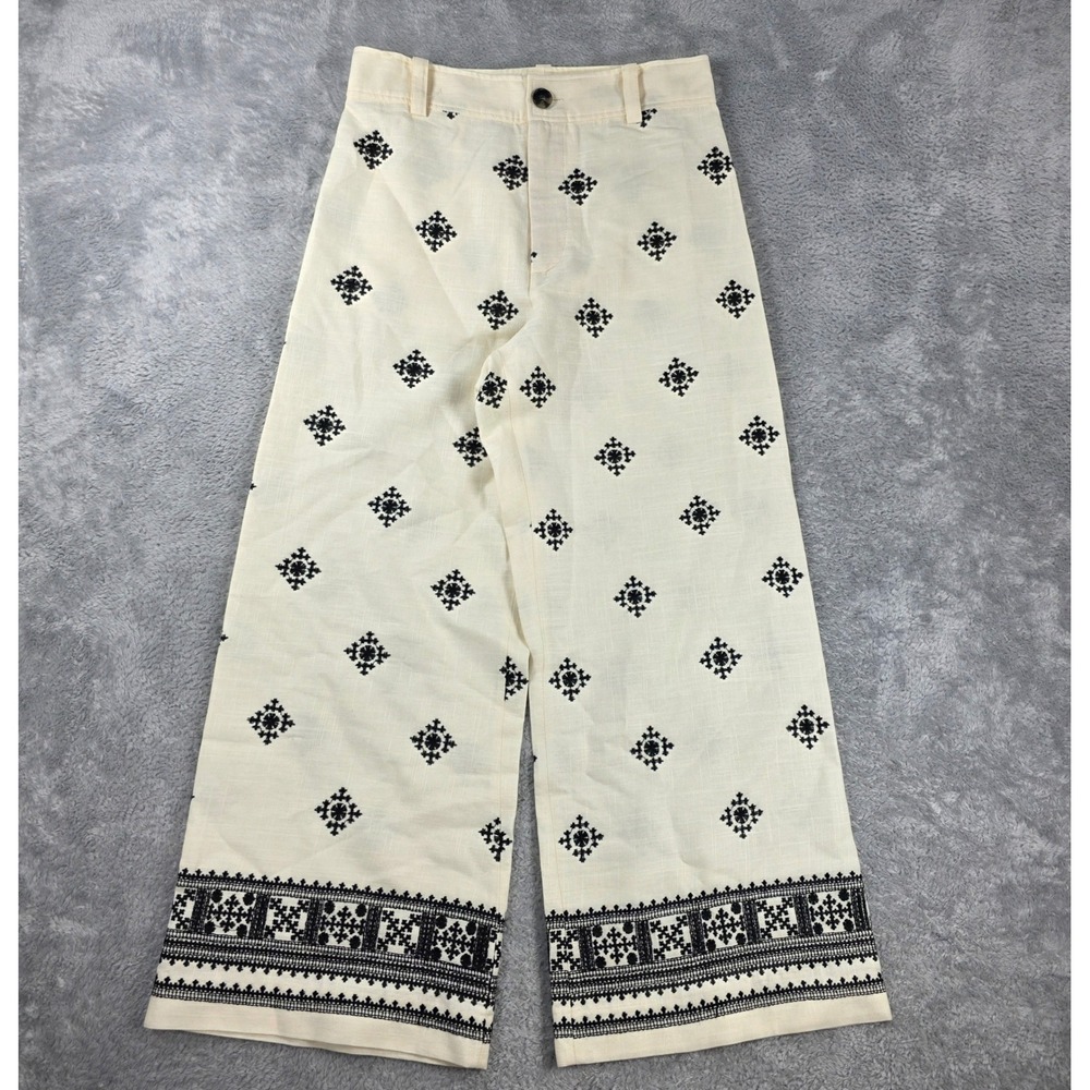 Zara Embroidered Linen Blend Wide Leg Pants Cream Black Small Boho Summer Earthy